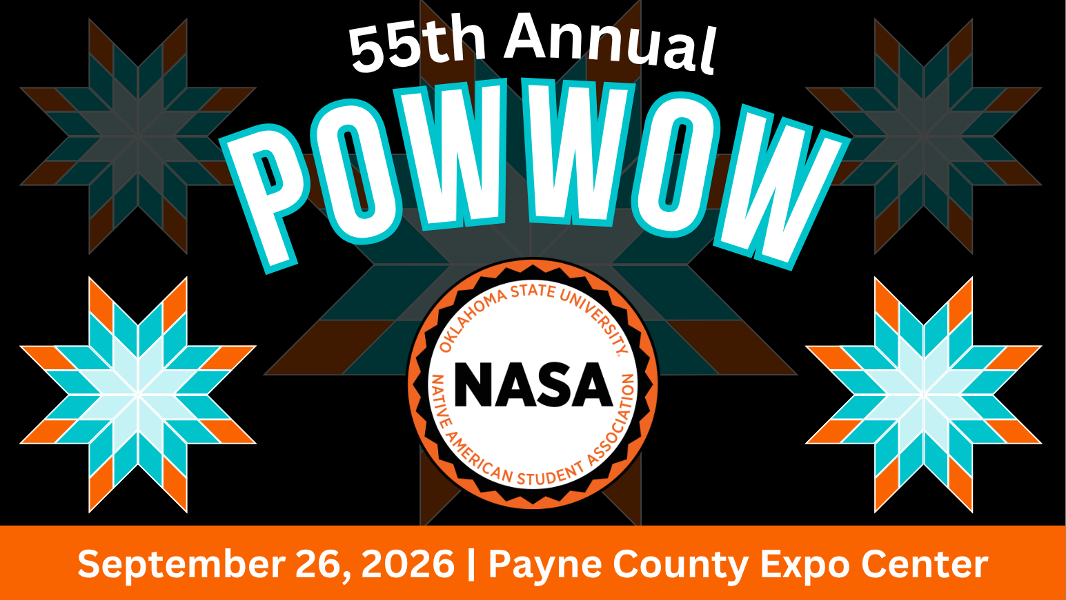 Top half of 2026 NASA Powwow flyer with date and location with quilt pattern