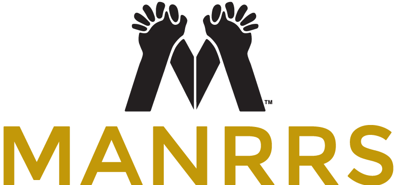 Stylized logo with black hands and the word 