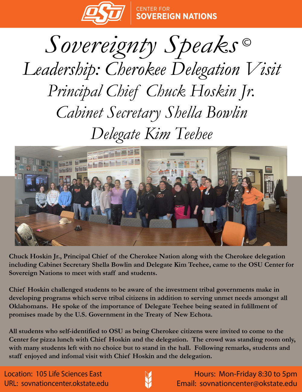 Photo of Principal Chief Hoskin Jr., Secretary Bowlin & Delegate Teehee with the title ‘Leadership: Cherokee Delegation – Cherokee Nation’.