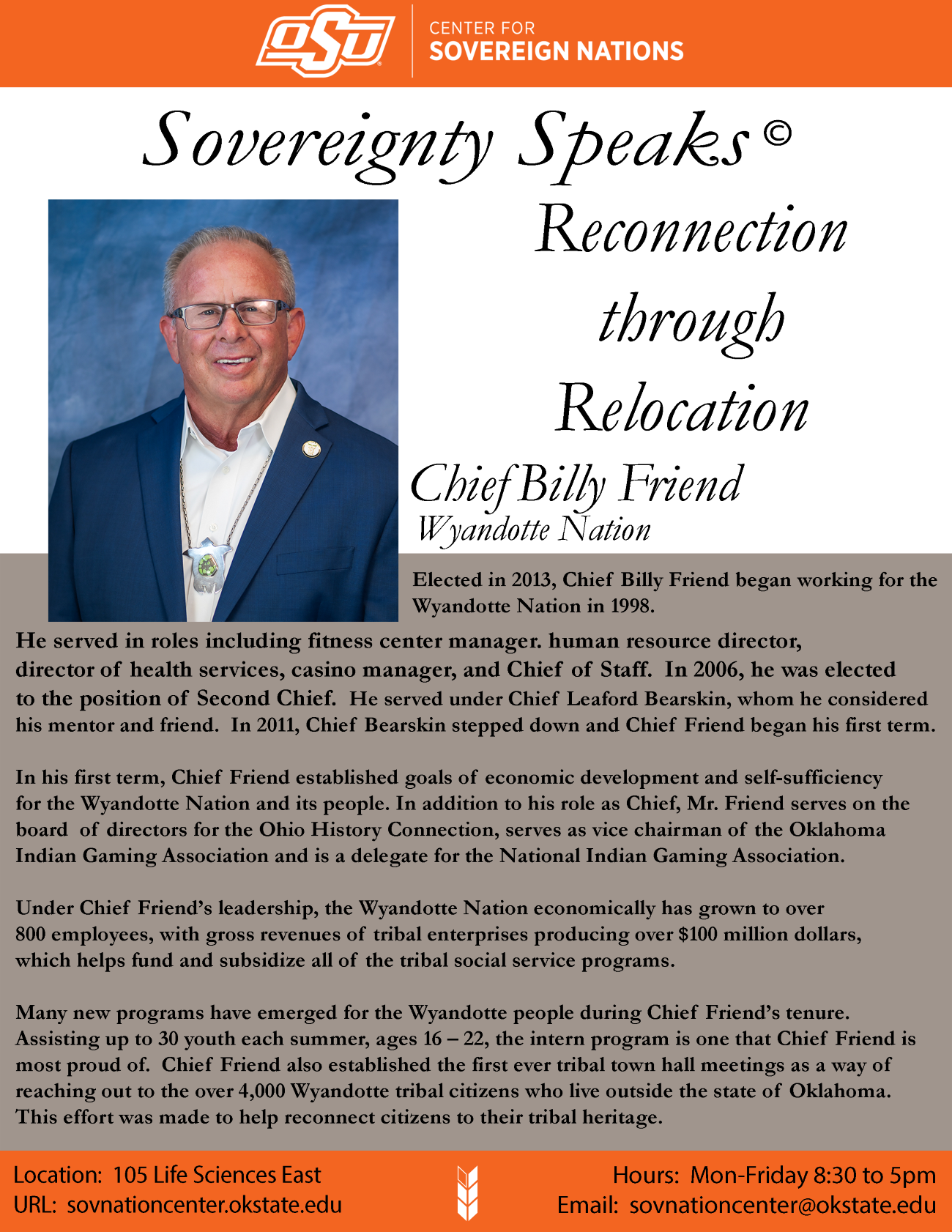 Headshot of Chief Billy Friend (Wyandotte Nation) with the title ‘Reconnection through Relocation – Wyandotte Nation’.