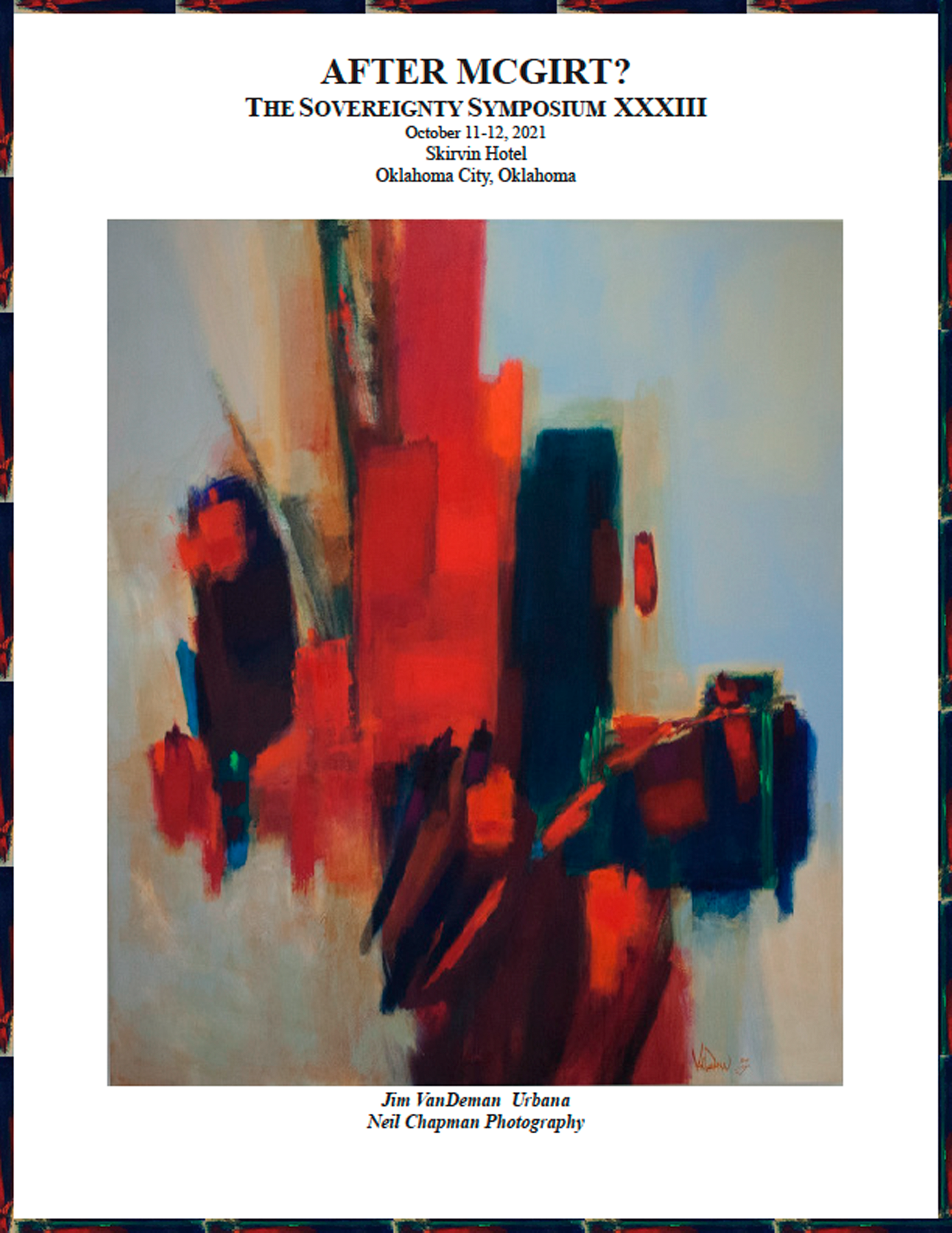 Poster for "AFTER MCGIRT?" Sovereignty Symposium XXXIII with abstract red and blue artwork.