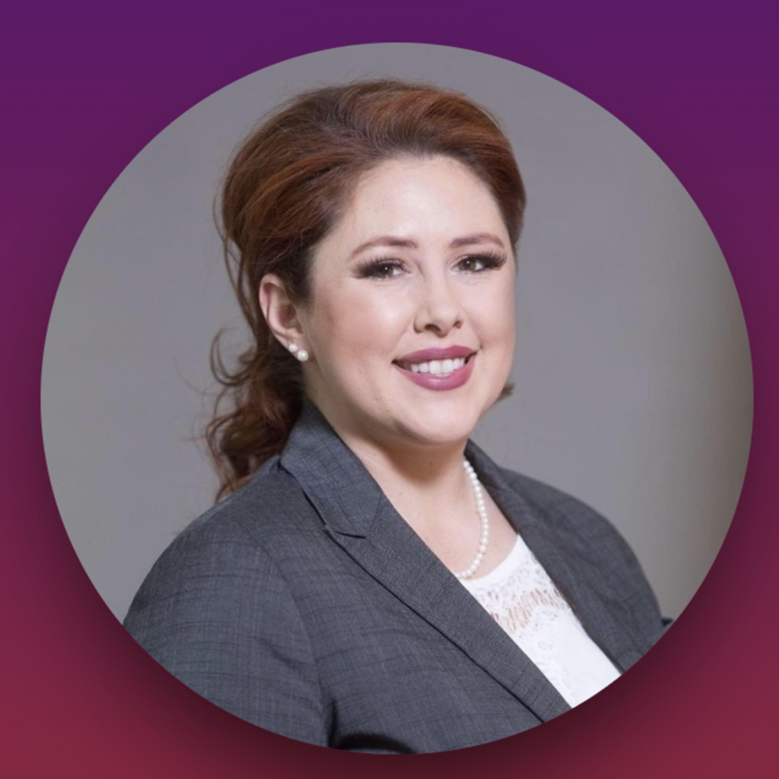 Portrait of Carly D. Griffth Hotvedt in a grey blazer against a purple gradient background.