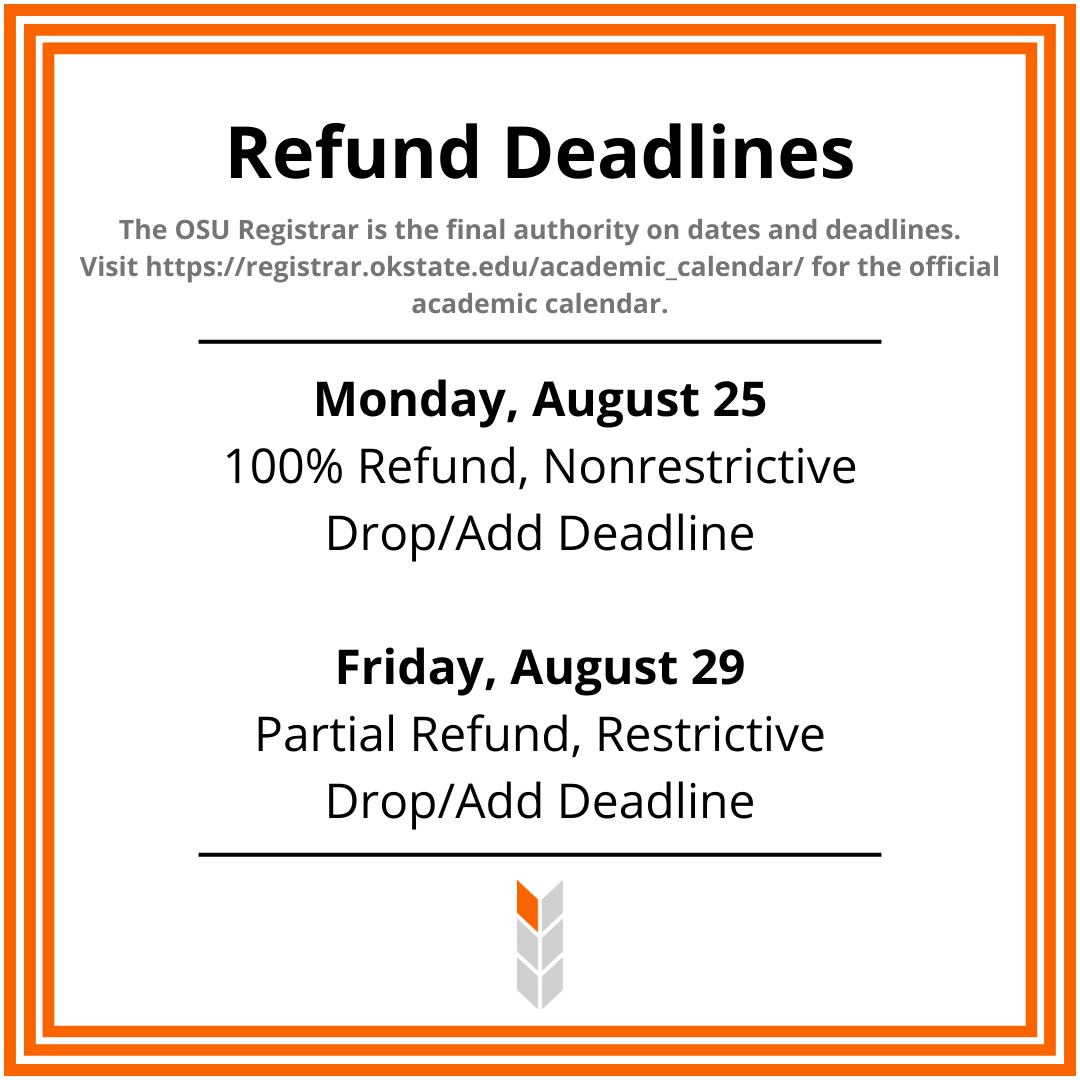 Refund Deadlines and Drop/Add Deadline. 100% refund, nonrestrictive drop/add deadline is on Monday, Aug. 25th. Partial refund, restrictive drop/add deadline is on Friday, Aug. 29th.