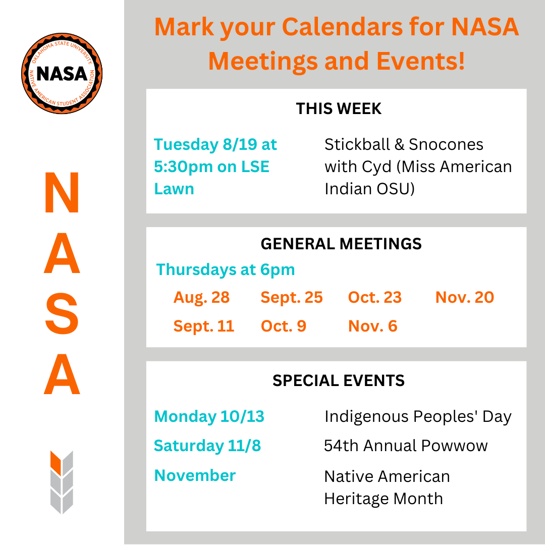 NASA General Meeting Schedule for Fall 2025 and Events. General meeting dates are on Thursdays at 6pm on Aug. 28th, Sept. 11th and 25th, Oct. 9th and 23rd, and Nov. 6th and 20th. Special events are dated for Monday 10/13, Saturday 11/8, and the month of November.