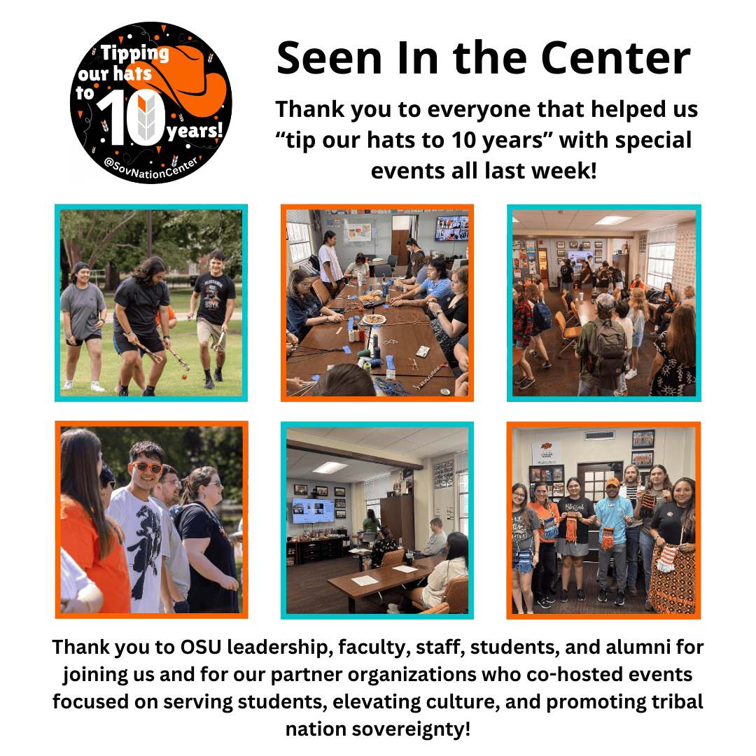 pictured top left: students playing stickball. Pictured top middle: students learning to weave keychains. Pictured top right: Students eating frybread and talking with the AMIS faculty. Pictured bottom left: Students at the 10th celebration cookout. Pictured bottom middle: Q&A with the American Indian Alumni. Pictured bottom right: students with their finished twine bag products.