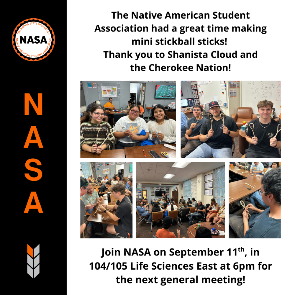 The Native American Student Association had a great time making mini stickball sticks! Thank you to Shanista Cloud and the Cherokee Nation! Join NASA on Sept 11th at 6pm in 104/105 Life Science East for the next general meeting. Alt=