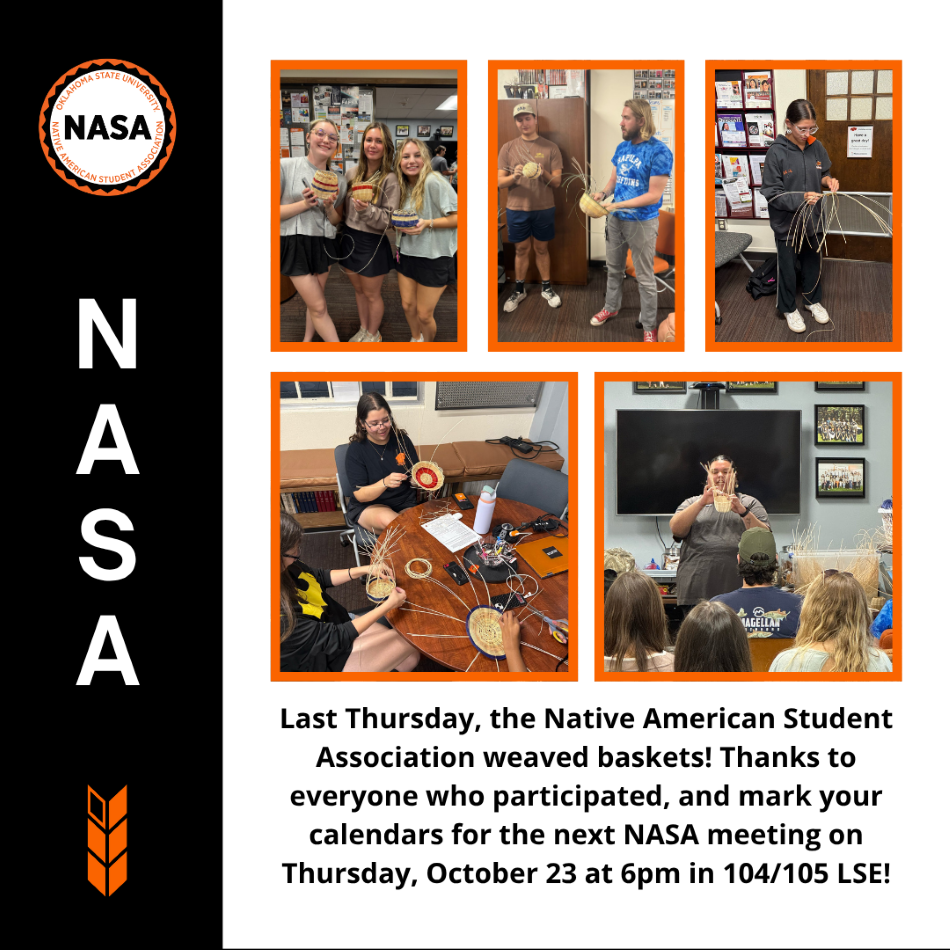Students weaving baskets at a NASA meeting. The next meeting is on Thursday, October 23 at 6pm in 104/105 LSE.